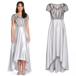 NWT Adrianna Papell sz 16 Silver Satin Embroidered Sequined Hi-Low Formal Gown